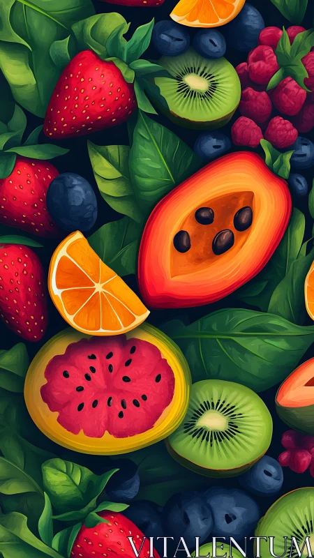 Mixed sliced fruit with leaves in seamless digital pattern.