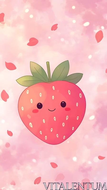 Kawaii strawberry character on pastel pink bokeh background