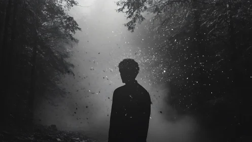 Mysterious forest wanderer pauses amid drifting silver dust