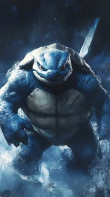 Stormborn turtle guardian strides through roaring waves.