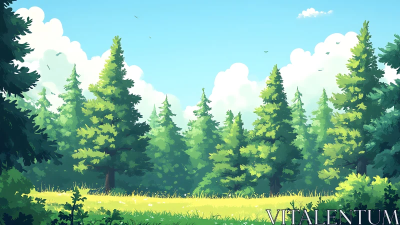 Verdant Forest Clearing Under Blue Sky with Cumulus Clouds