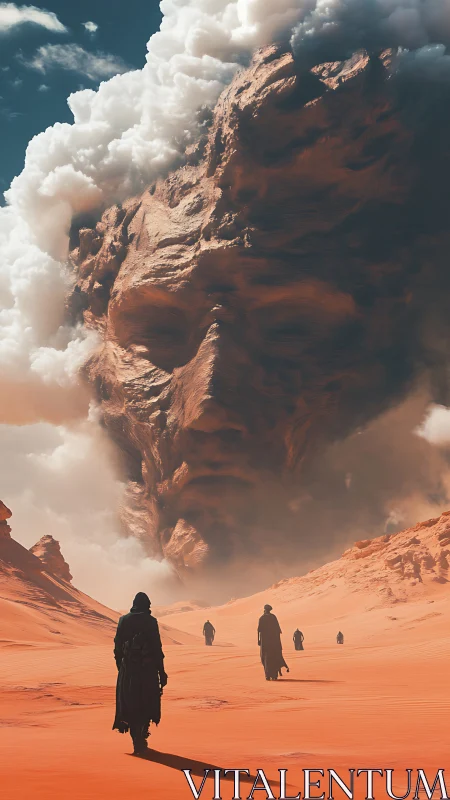 Desert wanderers approach colossal face-shaped storm cloud