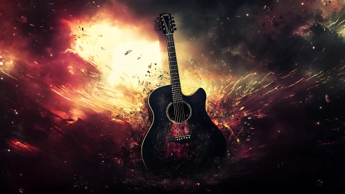 Black acoustic guitar centered in explosive abstract nebula.