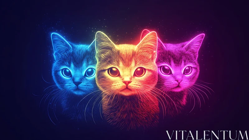 Neon Cats with Glowing Eyes Against Dark Background.