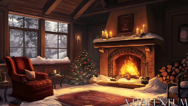 Cozy fireside cabin glowing with winter holiday warmth.