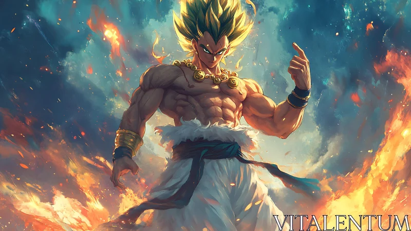 Mythic warrior in blazing aura with dynamic energy fields.