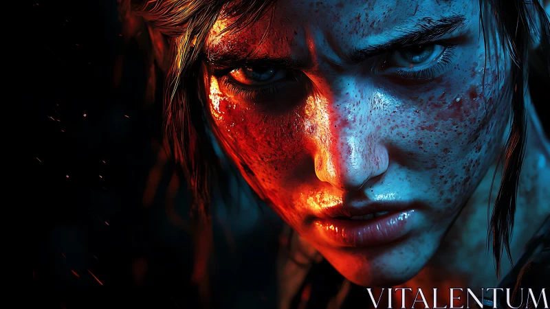 Fierce freckled warrior face in intense blue red light.