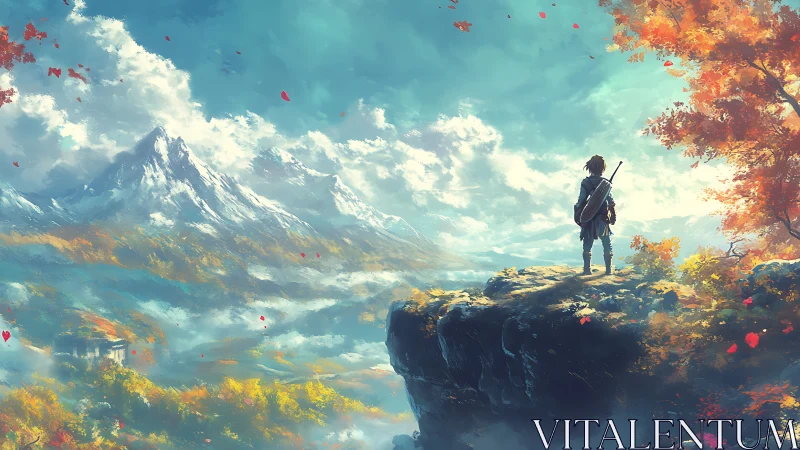 Lone cliff wanderer greeting a vast painted sky kingdom.