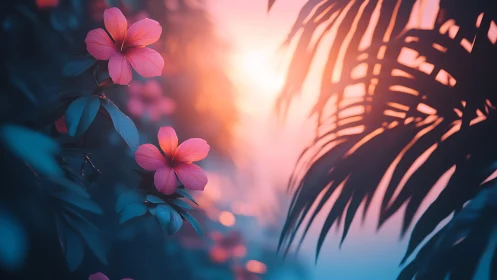 Pink Flowers with Palm Fronds in Backlit Atmosphere