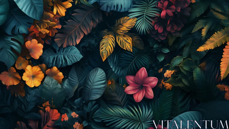 Lush tropical foliage rendered in high-contrast digital painting