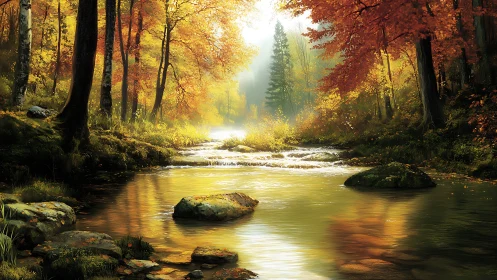 Autumn forest river with rocks and diffuse backlighting.