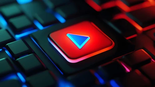 Neon Play Button on Keyboard in Futuristic Digital Art Style.