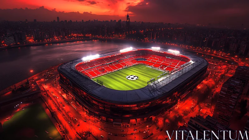 Aerial night analysis of illuminated urban football stadium.