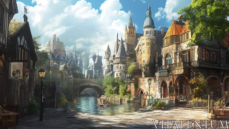 Medieval canal cityscape shows detailed riverside architecture