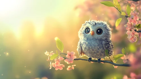 Cute Baby Owl on Blossoming Branch in Dreamy Pastel Art Style.