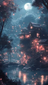 Moonlit forest house beside river with glowing lanterns.