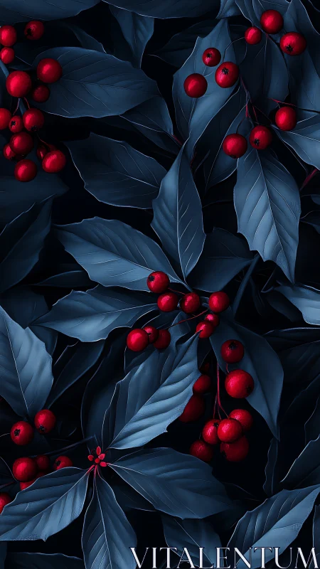 Midnight leaves cradle bright scarlet berries in velvet silence