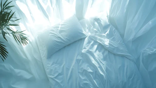 Unmade white bed under sheer curtains in soft daylight.