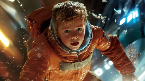 Young stargazer drifts weightless in a glowing space corridor.