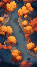 Autumn street glows beneath golden trees at twilight.