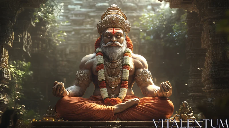 Monumental sage deity meditating in ornate stone temple courtyard