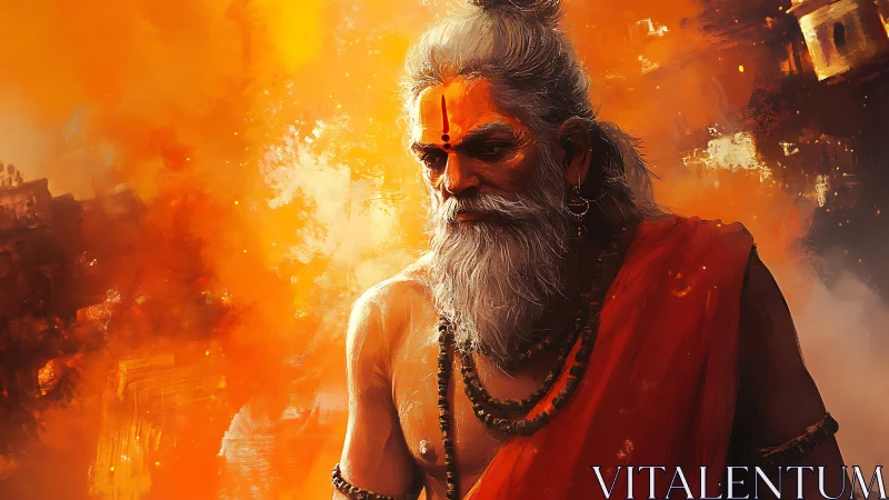 Fiery sage portrait in orange-toned spiritual ambiance.