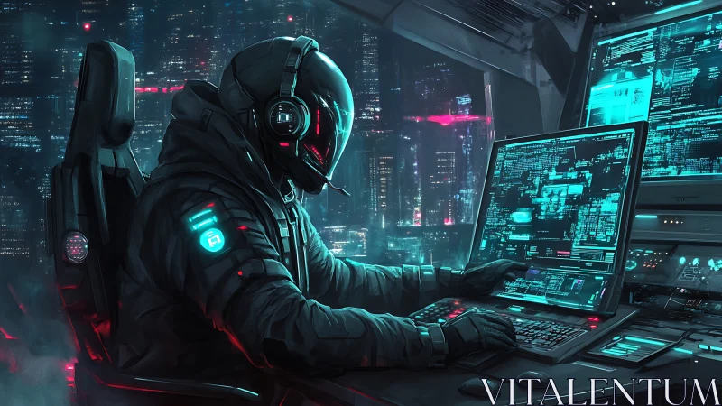 Cybernetic hacker commands neon city from glass cockpit.