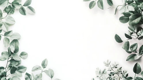 Minimalist botanical frame with soft green foliage on white.