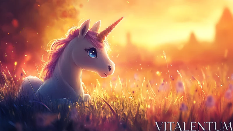 Cute unicorn resting in glowing sunset meadow scene.