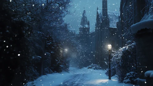 Snowfall hush drapes a gothic lane in blue winter hush.