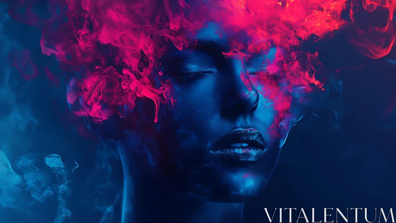 Blue face portrait with vivid red smoke surrounding head.