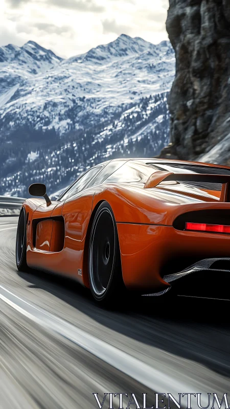 Orange supercar cuts alpine pass with dynamic motion blur.