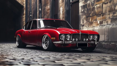 Classic red coupe rests low on cobblestone alleyway street
