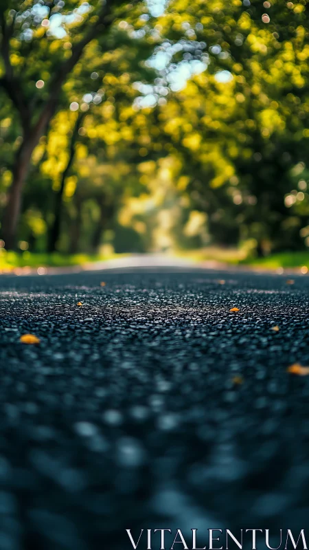 Low angle asphalt road leads into soft bokeh forest light
