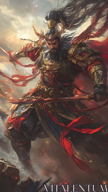 Armored warlord brandishes flaming blade amid turbulent battlefield