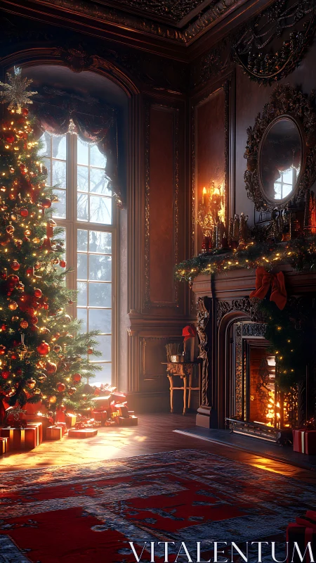 Classic Christmas tree beside ornate fireplace interior.