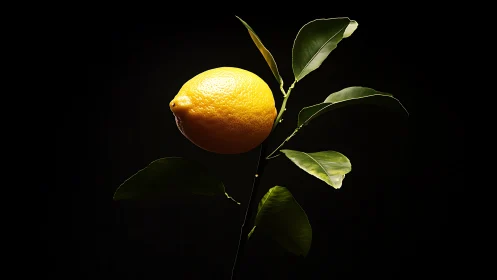 Single lemon on branch with green leaves against black field.