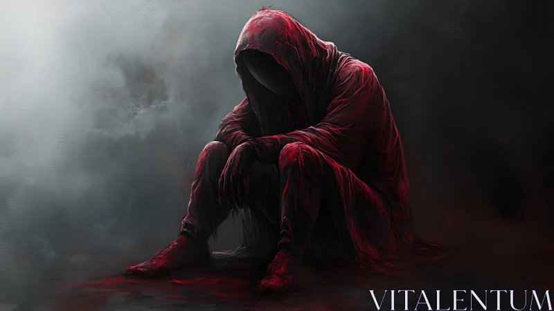 Hooded figure in red cloak sits alone in swirling digital gloom