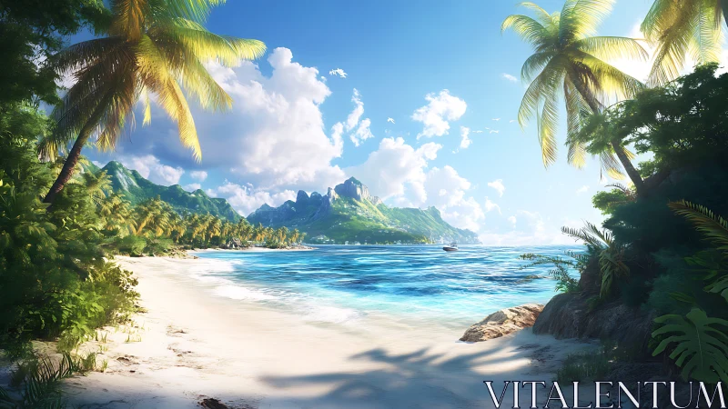 Tropical island beach scene with palm framed coastal mountain view.
