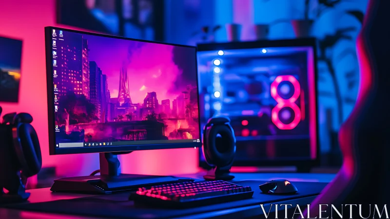 RGB gaming desktop with ultrawide monitor in neon room