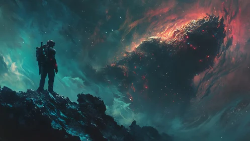 Lone starfarer facing a blazing cosmic storm of nebulae.