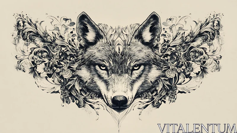 Wolf head illustration with symmetrical floral ink elements.
