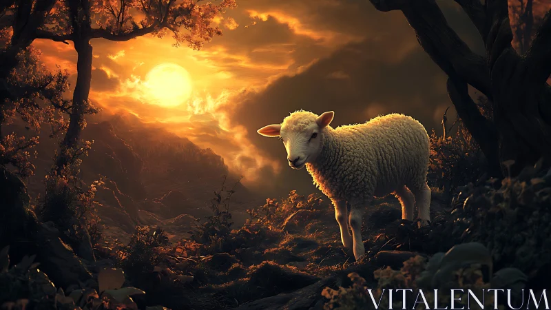 Gentle lamb wandering through a glowing sunset forest path.