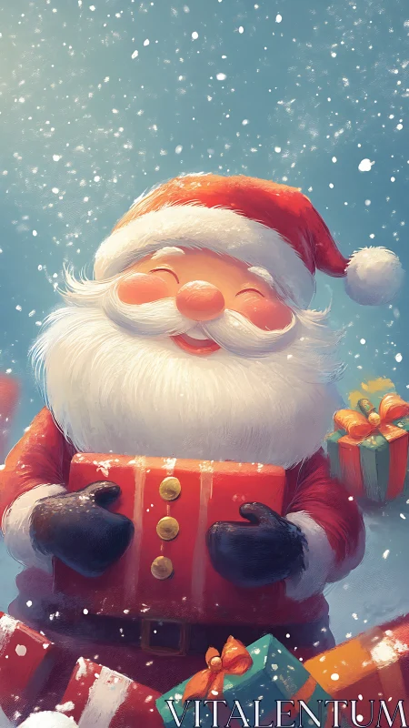 Cheerful Santa portrait with stylized snowfall and gift box.