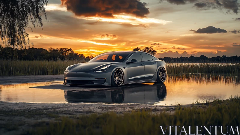 Electric sedan gleams beside lakeside water at sunset.