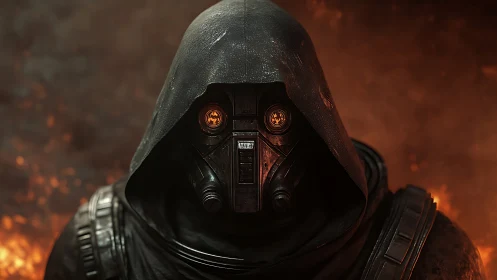 Hooded armored figure in gas mask before fiery backdrop.