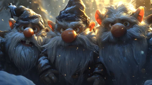 Snowlit gnome trio huddle in golden sparks of winter magic.