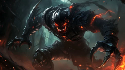 Armored fiery creature advancing in dark forest environment.