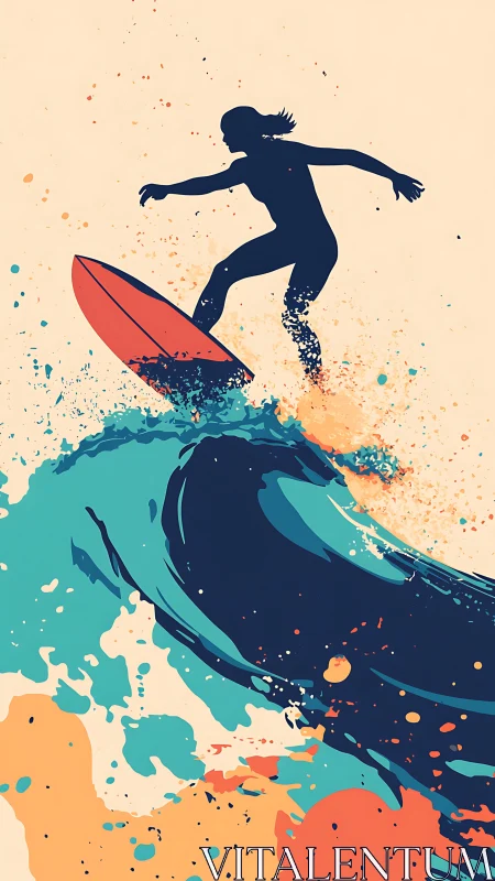 Joyful surfer riding a splash of color and summer energy.