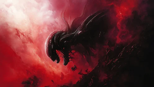 Extraterrestrial biomech creature in crimson nebular storm.